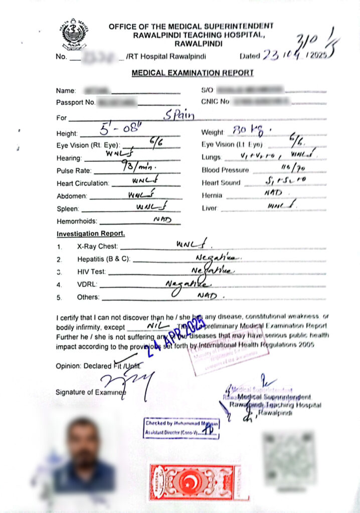 Medical Fitness Certificate for Spain Visa in Pakistan