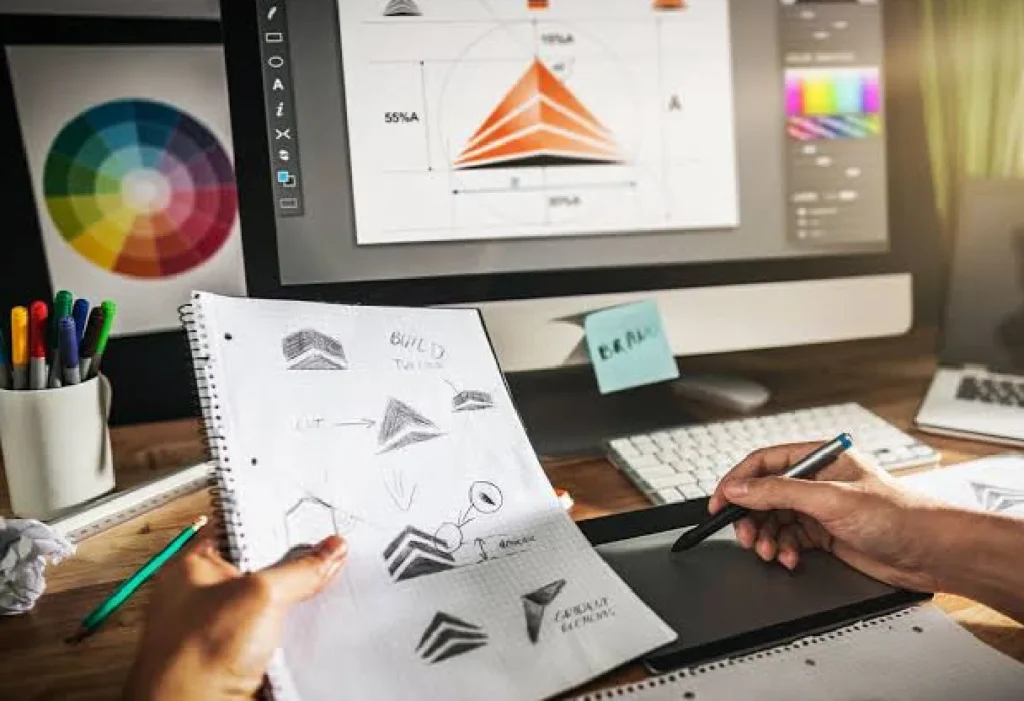 Graphic design projects displayed on computer screens