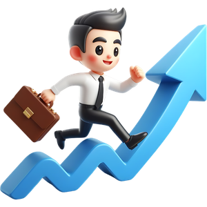 Cartoon businessman running on an upward growth arrow