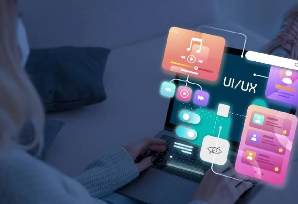 UI/UX interface designs displayed on screens