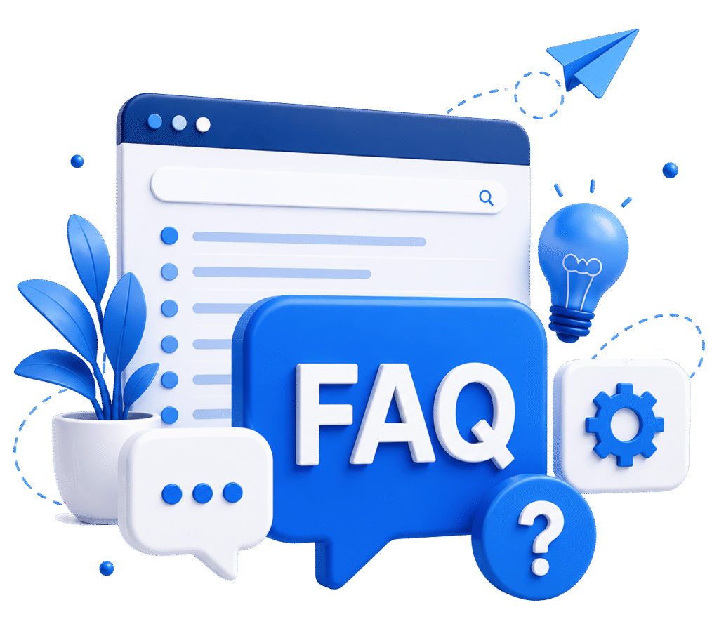 FAQ illustration with search bar and question icons