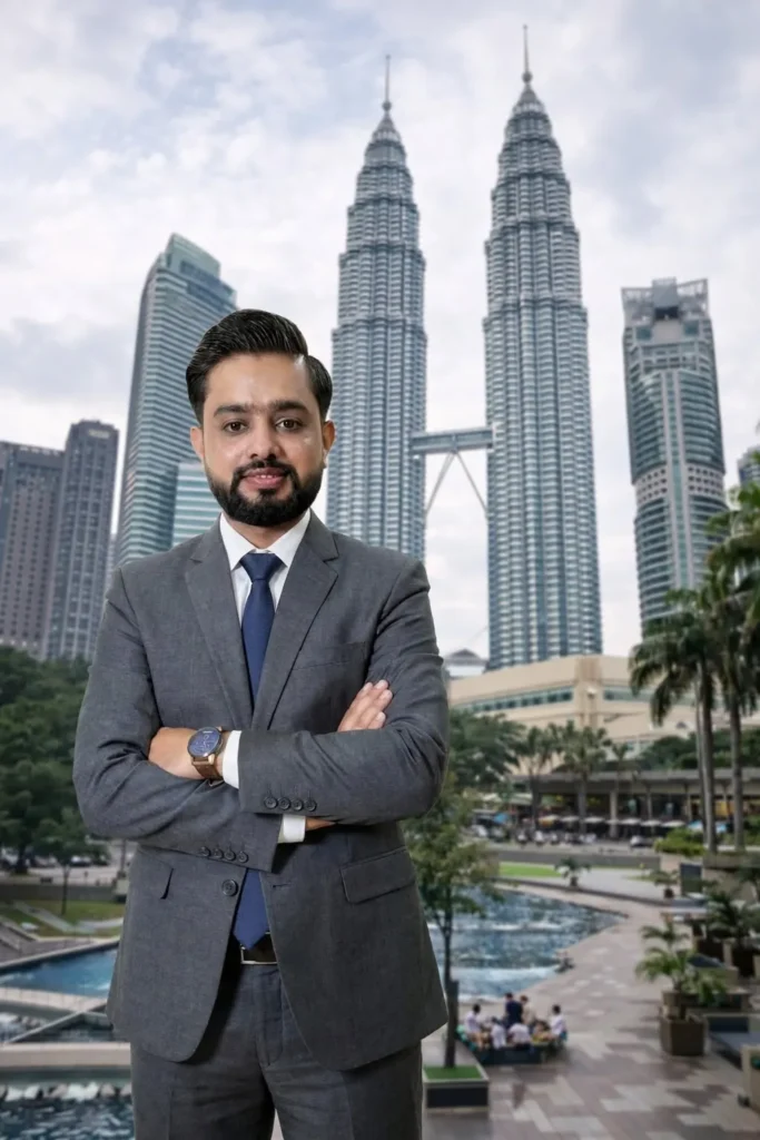 Waqas Javed Satti standing in front of Petronas Twin Towers