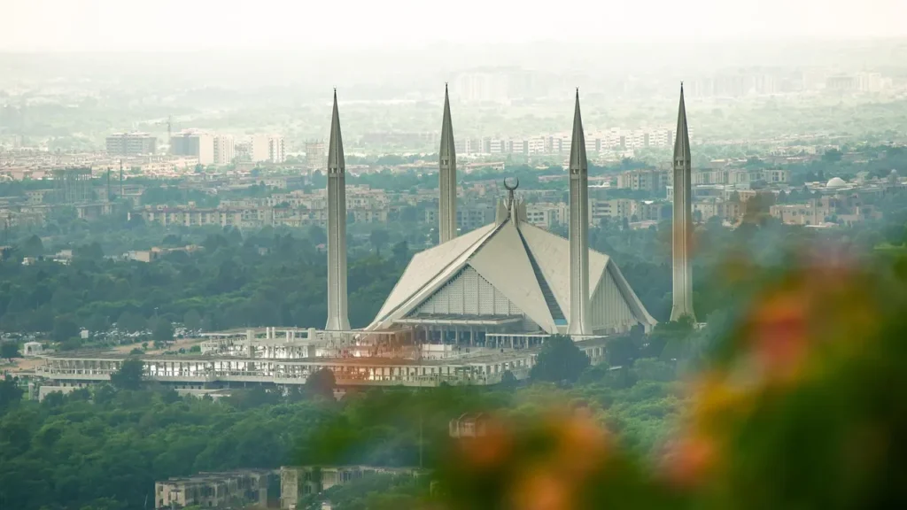 Faisal Mosque in Islamabad surrounded by greenery