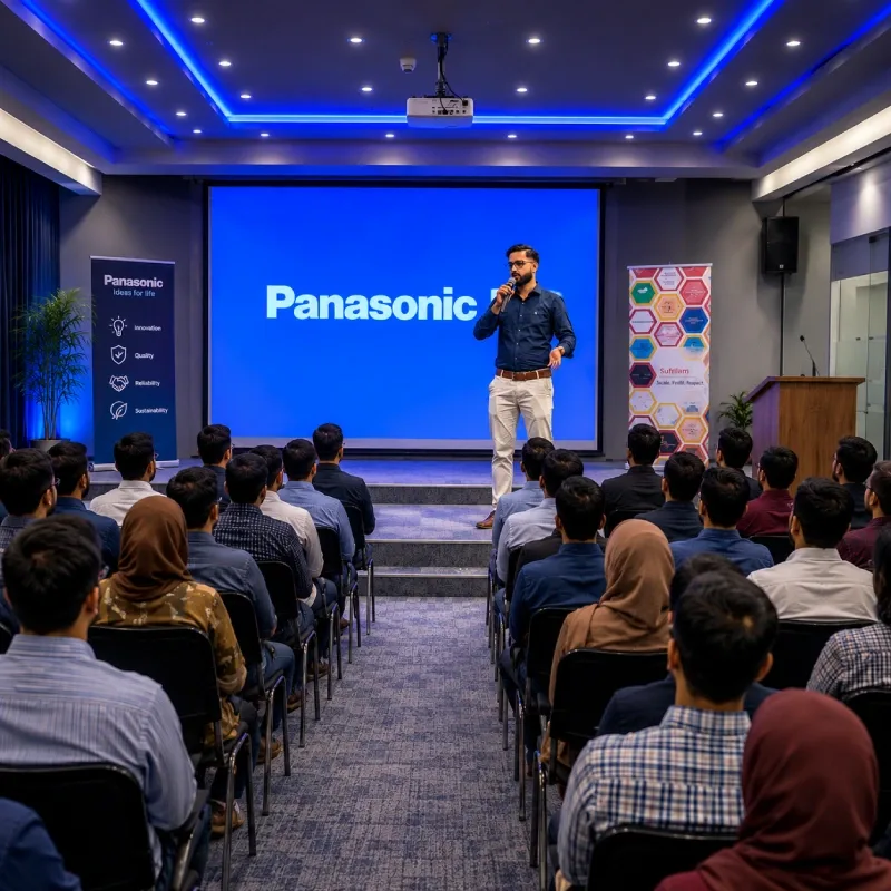 Speaker presenting to an audience during a professional business seminar.