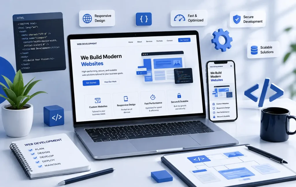 Modern web development workspace with laptop and code