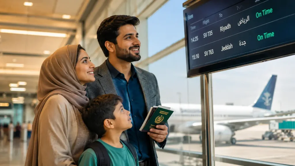 Saudi 1-Year Multiple Entry Visa for Pakistani GCC Residents 1 Family at airport traveling to Saudi Arabia with Pakistani passport