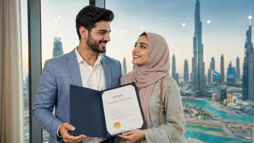 Marriage Certificate Attestation for UAE Family Visa from Pakistan | Nikkahnama Attestation for UAE Embassy 1 Couple holding a marriage certificate in Dubai with Burj Khalifa skyline