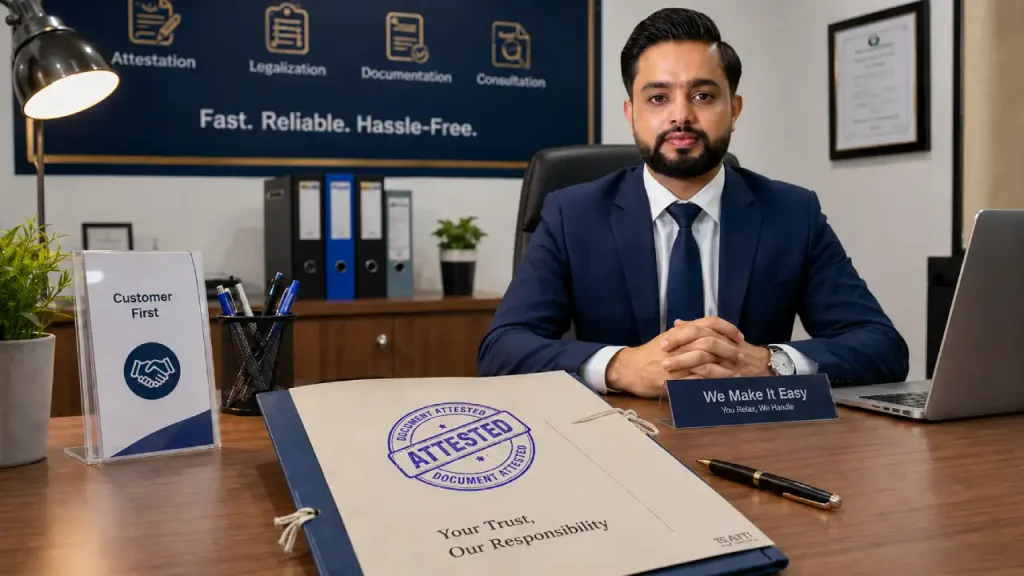 Marriage Certificate Attestation for UAE Family Visa from Pakistan | Nikkahnama Attestation for UAE Embassy 3 Waqass Javed Satti presenting attested documents at a consultancy office