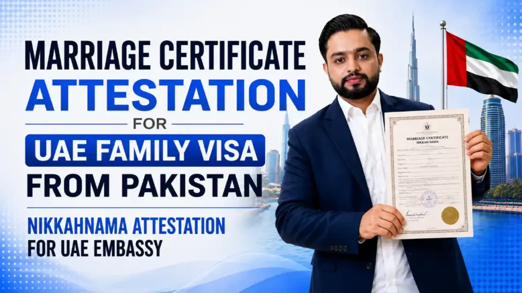 Waqass Javed Satti holding a marriage certificate for UAE family visa attestation.