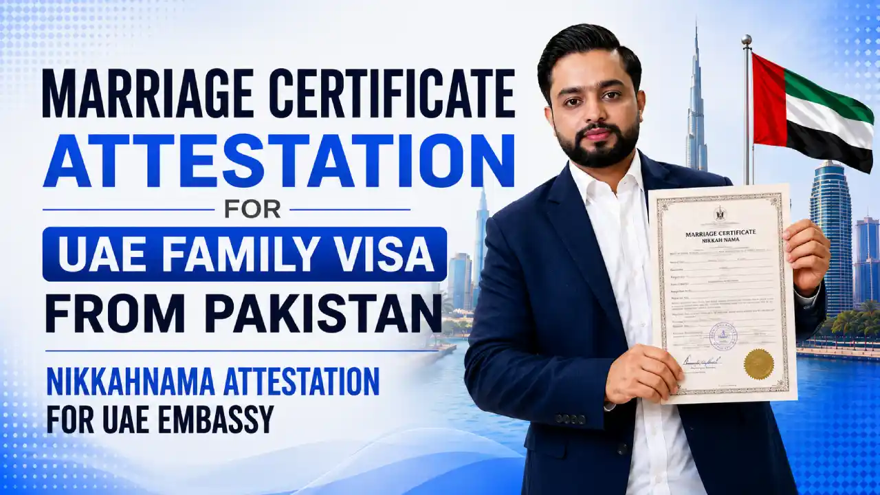 Waqass Javed Satti holding a marriage certificate for UAE family visa attestation.