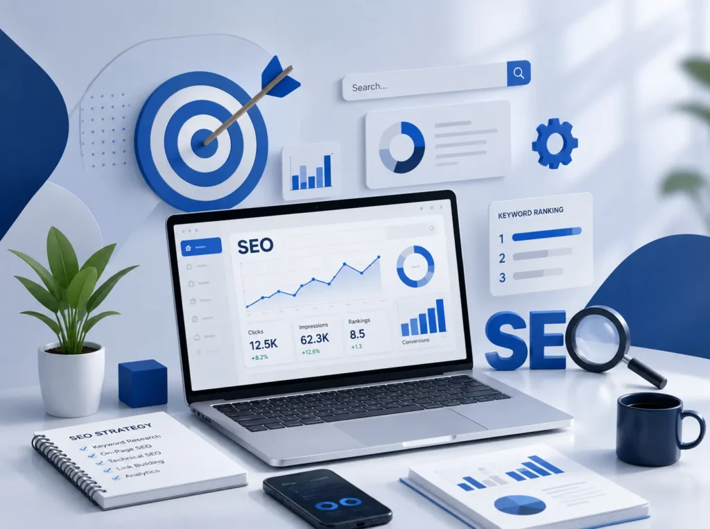 SEO analytics dashboard with keyword ranking and strategy visuals