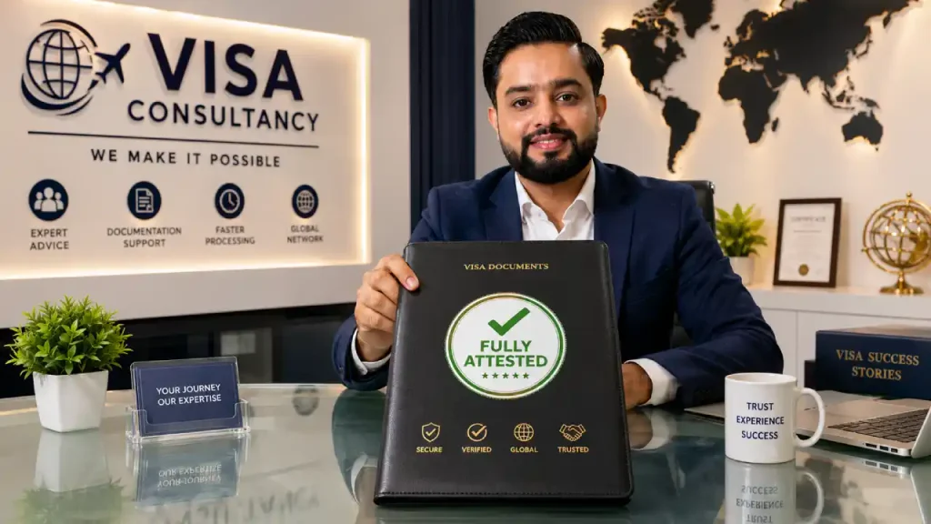 Police Character Certificate (PCC) for Dubai Visa: MOFA Pakistan & UAE Embassy Attestation Process 3 Waqass Javed Satti holding a fully attested visa document.