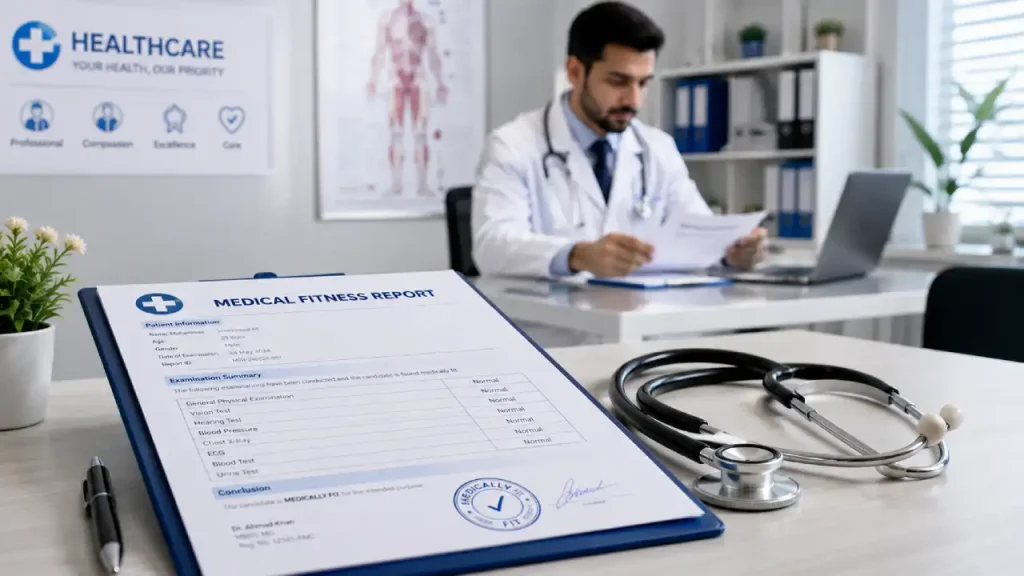 UAE Work Visa Medical Certificate Attestation from Pakistan | Wafid/GAMCA Medical Fit Report Next Step 1 Medical fitness report with doctor reviewing a patient file