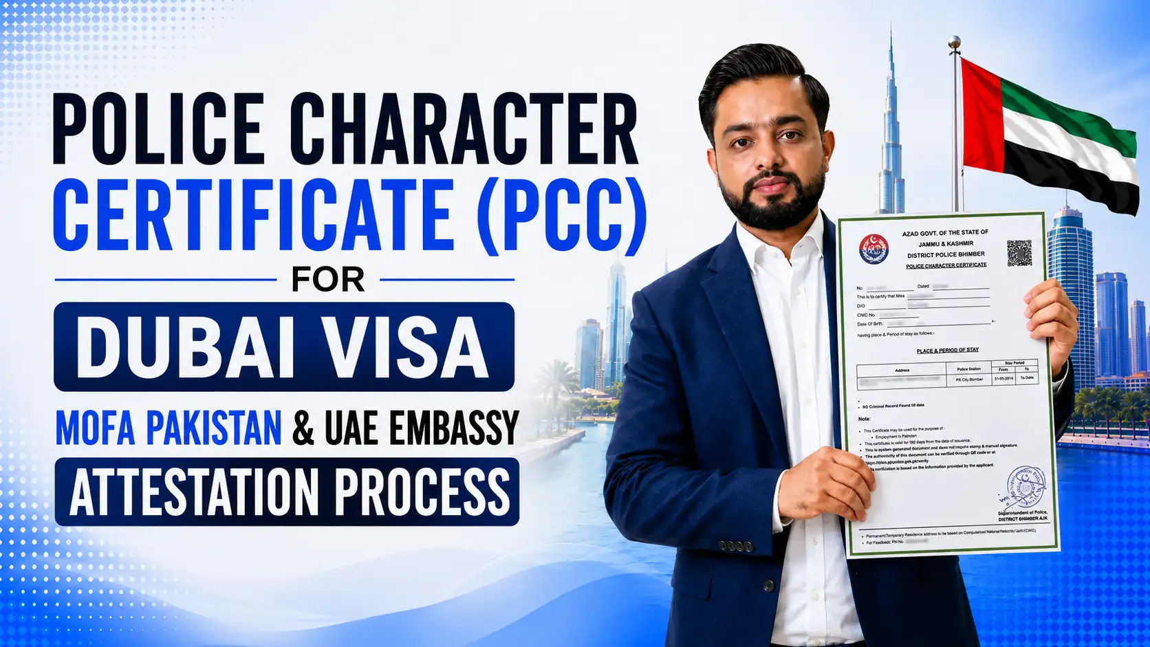 Waqass Javed Satti holding a Police Character Certificate for Dubai visa.