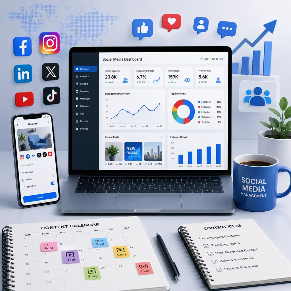 Laptop showing a social media analytics dashboard alongside content planning notebooks and app icons.