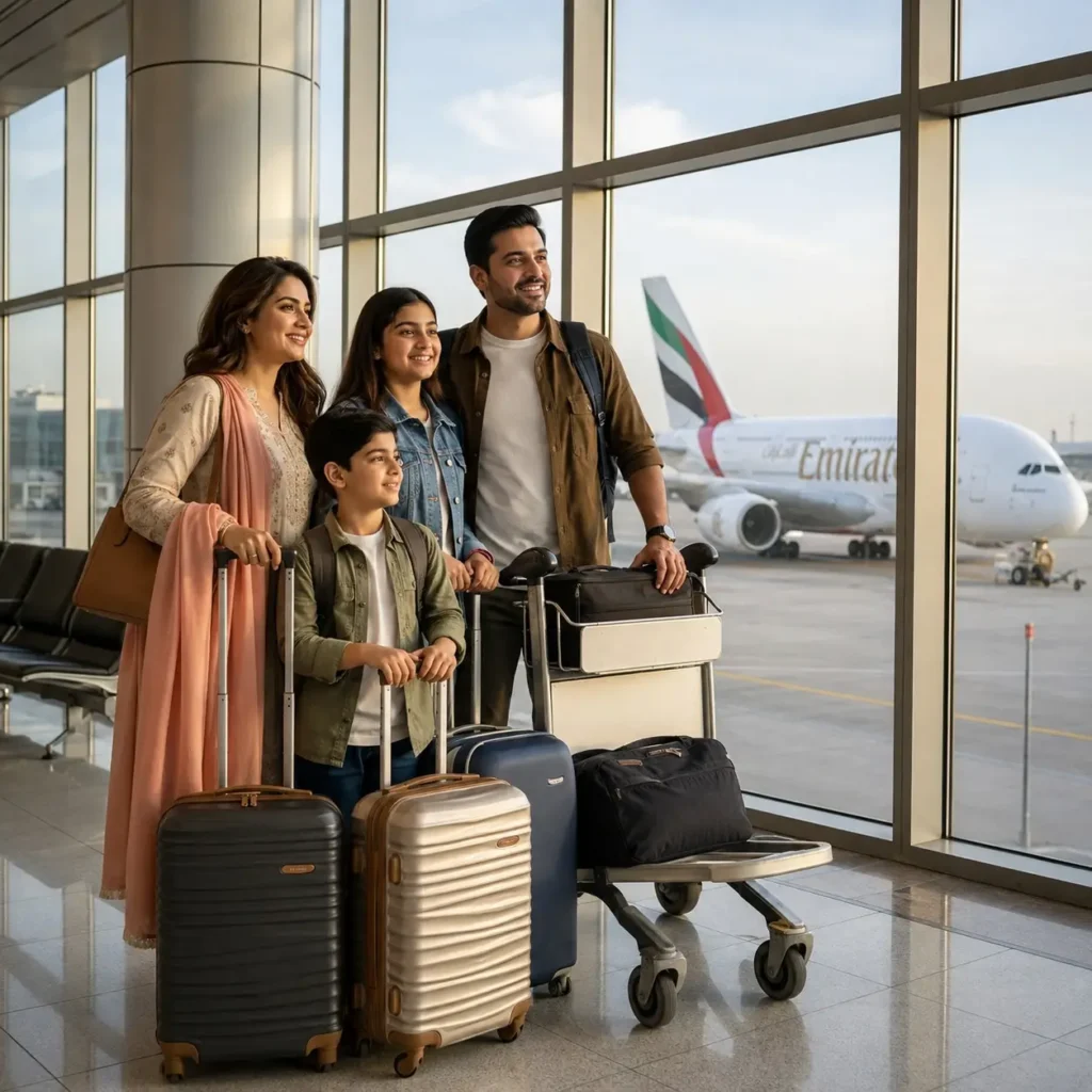 Family with luggage standing inside an airport terminal near a large window.