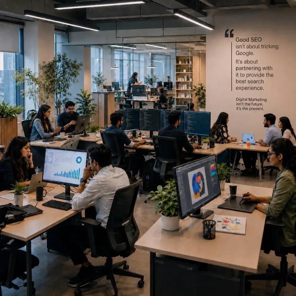 Team working in a digital marketing office agency space.