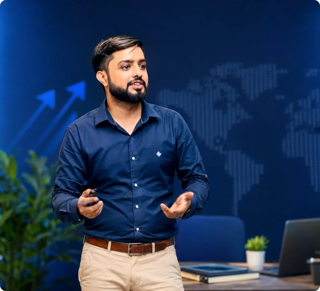Muhammad Waqas Javed Satti presenting in a professional office